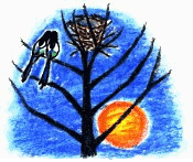 gezeichnetes Elsternnest im Baum