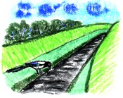 gezeichnete Elster pickt auf Bahnschiene