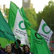Fahnen mit dem FoEI-Logo auf einer Demo